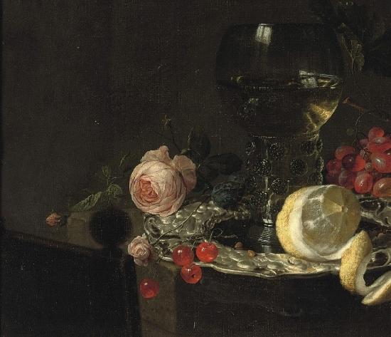 simon luttichuys A 'Roemer' with white wine, a partially peeled lemon, cherries and other fruit on a silver plate with a rose and grapes on a stone ledge Sweden oil painting art